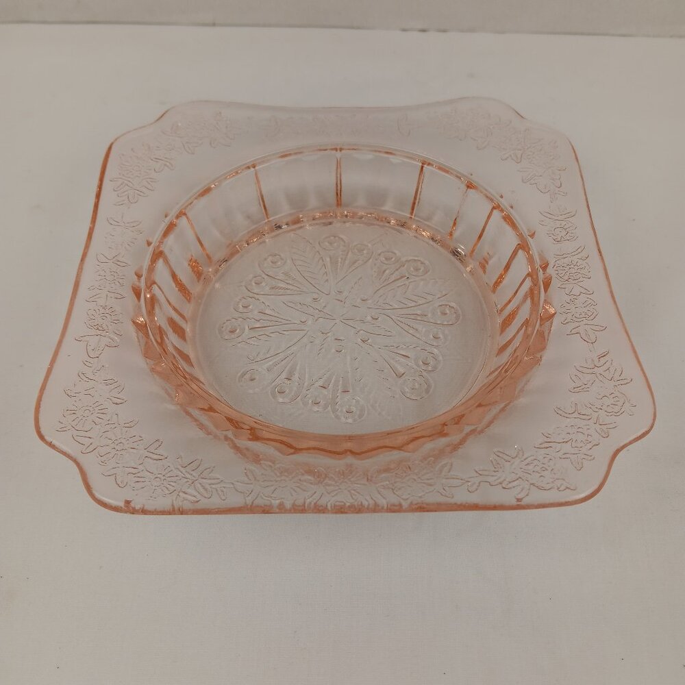 Vintage Jeanette Glass Depression Pink 6" Square 6” Bowl Adam Pattern